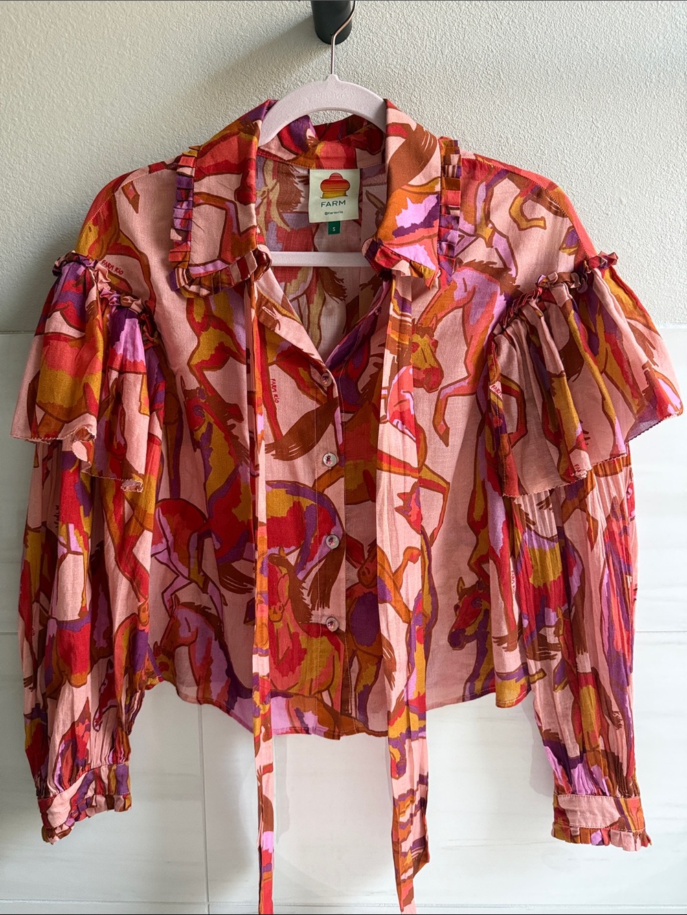 FARM Rio Pink horse print Multi Ruffled Button-Front Blouse